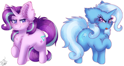 Size: 4038x2160 | Tagged: safe, artist:greenmarta, artist:vanillaswirl6, imported from derpibooru, starlight glimmer, trixie, pony, unicorn, :p, :t, blushing, collaboration, cute, duo, ear fluff, female, fluffy, heart eyes, looking back, simple background, smiling, tongue out, transparent background, wingding eyes