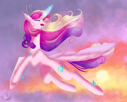 Size: 2798x2261 | Tagged: safe, artist:clefficia, artist:greenmarta, imported from derpibooru, princess cadance, alicorn, pony, collaboration, female, flying, glowing, glowing horn, high res, horn, open mouth, solo, spread wings, wings