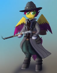 Size: 2223x2844 | Tagged: safe, artist:nagithebat, imported from derpibooru, oc, oc only, oc:yellow jack, pegasus, clothes, colored wings, cowboy, cowboy hat, gun, hat, high res, lever action rifle, multicolored wings, pegasus oc, red dead redemption, red dead redemption 2, rifle, solo, weapon, wild west, wings