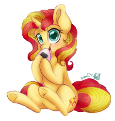 Size: 964x1018 | Tagged: safe, artist:emberslament, artist:greenmarta, imported from derpibooru, sunset shimmer, pony, unicorn, equestria girls, collaboration, cute, eating, female, food, looking at you, onigiri, shimmerbetes, simple background, sitting, solo, transparent background, underhoof