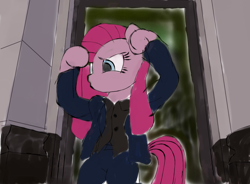 Size: 1024x753 | Tagged: safe, artist:paulli, imported from derpibooru, pinkie pie, earth pony, bully maguire, clothes, dancing, jacket, marvel, pinkamena diane pie, solo, spider-man, spider-man 3