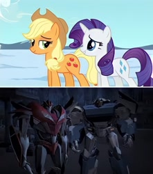 Size: 722x818 | Tagged: safe, edit, edited screencap, imported from derpibooru, screencap, applejack, rarity, earth pony, pony, unicorn, breakdown, comparison, decepticon, knockout, transformers, transformers prime