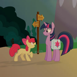 Size: 1280x1280 | Tagged: safe, artist:queertrixie, imported from derpibooru, apple bloom, twilight sparkle, earth pony, pony, unicorn, story of the blanks, bag, duo, duo female, female, filly, foal, mare, saddle bag, sign, unicorn twilight