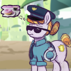 Size: 2000x2000 | Tagged: safe, artist:phutashi, imported from derpibooru, copper top, earth pony, pony, clothes, cuffs, donut, female, food, hat, high res, mare, necktie, police, shirt, solo, sunglasses, thought bubble