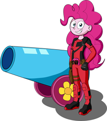 Size: 2302x2606 | Tagged: safe, artist:retroneb, imported from derpibooru, pinkie pie, human, equestria girls, clothes, clothes swap, cosplay, costume, deadpool, high res, marvel, party cannon, pinkiepool, simple background, transparent background