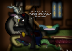 Size: 2169x1531 | Tagged: safe, artist:99999999000, imported from derpibooru, discord, oc, oc:shadow spirits, draconequus, pegasus, pony, angry, dialogue, duo, duo male, fluttershy's cottage, implied fluttershy, male, pegasus oc, scared, stallion, threatening, white knight