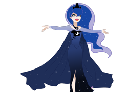 Size: 2885x2078 | Tagged: safe, artist:sugarmoonponyartist, imported from derpibooru, princess luna, human, blue dress, elsa, frozen (movie), high res, humanized, let it go, open mouth, queen lunelsa, simple background, solo, transparent background