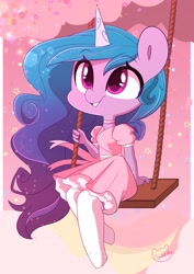 Size: 2480x3508 | Tagged: safe, artist:sakukitty, imported from derpibooru, izzy moonbow, anthro, unguligrade anthro, unicorn, clothes, cute, dress, female, g5, happy, high res, izzybetes, my little pony: a new generation, smiling, solo, swing
