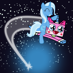 Size: 1920x1920 | Tagged: safe, artist:grapefruit-face, imported from derpibooru, trixie, pony, unicorn, ^^, base used, blue oyster cult, crossover, eyes closed, female, flying, lego, mare, remastered, show accurate, space, the lego movie, unikitty, unikitty!, updated