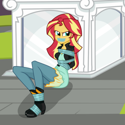 Size: 1280x1280 | Tagged: safe, artist:splendidbondage, imported from derpibooru, sunset shimmer, equestria girls, ankle tied, bondage, bound and gagged, clothes, female, gag, solo, statue, tape, tape gag