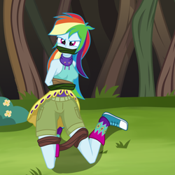 Size: 2000x2000 | Tagged: safe, artist:splendidbondage, imported from derpibooru, rainbow dash, equestria girls, bondage, bound and gagged, clothes, female, forest, gag, high res, kneeling, shorts, solo, vine, vine bondage, vine gag