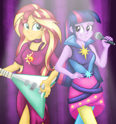 Size: 2148x2308 | Tagged: safe, artist:deannaphantom13, imported from derpibooru, sunset shimmer, twilight sparkle, equestria girls, equestria girls series, rainbow rocks, spring breakdown, spoiler:eqg series (season 2), clothes, duo, duo female, electric guitar, female, flying v, guitar, high res, looking at each other, looking at someone, microphone, musical instrument