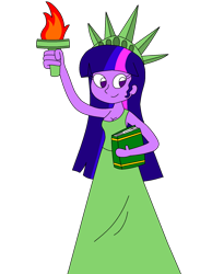 Size: 1396x1800 | Tagged: safe, artist:rarity525, imported from derpibooru, twilight sparkle, equestria girls, book, breasts, cleavage, clothes, female, simple background, solo, statue of liberty, toga, torch, transparent background