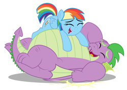 Size: 1280x899 | Tagged: safe, artist:aleximusprime, imported from derpibooru, rainbow dash, spike, dragon, pegasus, pony, chubby, duo, eyes closed, fat, fat spike, laughing, lying down, lying on top of someone, older, older rainbow dash, older spike, on back, open mouth, screencap reference, simple background, transparent background