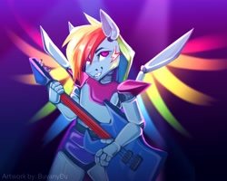 Size: 4096x3276 | Tagged: safe, artist:buvanybu, imported from derpibooru, rainbow dash, anthro, pegasus, robot, animatronic, electric guitar, five nights at freddy's, five nights at freddy's: security breach, grin, guitar, musical instrument, smiling, solo