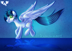 Size: 2312x1669 | Tagged: safe, artist:kimmyartmlp, imported from derpibooru, oc, oc only, oc:white quartz, pegasus, pony, eye clipping through hair, green eyes, male, pegasus oc, smiling, solo, spread wings, stallion, tail, wings