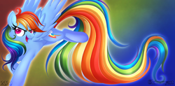 Size: 1986x980 | Tagged: safe, artist:kimmyartmlp, imported from derpibooru, rainbow dash, pegasus, pony, 2020, female, rainbow background, solo, spread wings, tail, wings