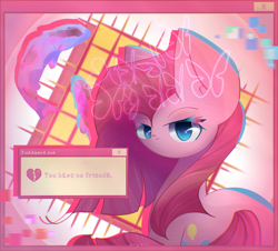 Size: 2284x2062 | Tagged: safe, artist:miryelis, imported from derpibooru, pinkie pie, butterfly, earth pony, fish, pony, aesthetics, computer icon, cute, cuteamena, error, glitch, heart, high res, looking at you, looking back, pinkamena diane pie, solo, straight hair, text, vaporwave, webcore