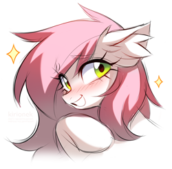 Size: 820x802 | Tagged: safe, artist:kirionek, imported from derpibooru, oc, oc only, oc:sugar morning, pony, blushing, bust, ear fluff, eye clipping through hair, eyebrows, eyebrows visible through hair, eyelashes, female, grin, looking at you, mare, simple background, smiling, smiling at you, solo, white background