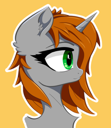 Size: 2793x3204 | Tagged: safe, artist:itchystomach, imported from derpibooru, oc, oc only, oc:littlepip, pony, unicorn, fallout equestria, brown mane, bust, cel shading, ear fluff, eyelashes, female, green eyes, high res, horn, mare, orange background, outline, shading, simple background, solo, unicorn oc, white outline