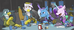 Size: 3220x1325 | Tagged: safe, artist:sinrar, imported from derpibooru, gabby, gilda, starlight glimmer, trixie, griffon, pony, unicorn, amputee, artificial wings, augmented, beak bite, beanie, burger, clothes, cyberpunk, food, french fries, group, hamburger, hat, hoodie, jacket, ketchup, paper crown, prosthetic limb, prosthetic wing, prosthetics, restaurant, sauce, soda, wings