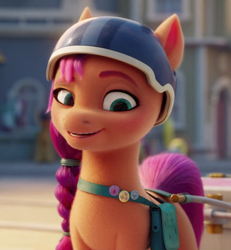 Size: 740x800 | Tagged: safe, imported from derpibooru, screencap, sunny starscout, earth pony, pony, spoiler:my little pony: a new generation, cropped, female, g5, helmet, looking down, mare, my little pony: a new generation, raised eyebrow, smiling, solo focus