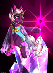 Size: 2000x2760 | Tagged: safe, artist:cali luminos, imported from derpibooru, oc, oc:violet light, pony, unicorn, cape, clothes, commission, crown, crystal, digital, dress, ear fluff, female, high res, jewelry, princess, regalia, solo, ych result