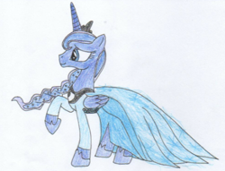 Size: 448x343 | Tagged: safe, artist:continuousremsleep, imported from derpibooru, princess luna, alternate cutie mark, alternate hairstyle, elsa, frozen (movie), queen lunelsa, raised hoof, simple background, solo, traditional art