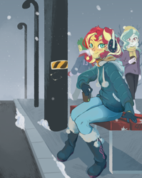 Size: 2000x2517 | Tagged: safe, artist:slowpoke, imported from derpibooru, sunset shimmer, human, equestria girls, background human, beanie, bench, blushing, boots, breath, clothes, coat, coffee cup, cup, earmuffs, female, hat, high res, scarf, shoes, smiling, snow, winter hat, winter outfit