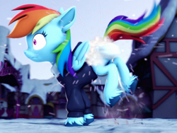 Size: 2880x2160 | Tagged: safe, artist:psfmer, imported from derpibooru, rainbow dash, pegasus, pony, 3d, butt, clothes, cold, floppy ears, high res, jacket, nose wrinkle, plot, ponyville, rainbutt dash, revamped ponies, scrunchy face, shrunken pupils, snow, snowball, snowball fight, solo, source filmmaker, this will end in pain and/or death, unshorn fetlocks, we don't normally wear clothes, winter outfit