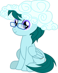 Size: 984x1245 | Tagged: safe, artist:yoshimon1, derpibooru exclusive, imported from derpibooru, oc, oc only, oc:cloudy bits, pegasus, pony, cloud, female, folded wings, full body, glasses, hat, mare, pegasus oc, show accurate, simple background, sitting, smiling, solo, sun hat, three quarter view, transparent background, wings