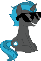 Size: 924x1361 | Tagged: safe, artist:yoshimon1, derpibooru exclusive, imported from derpibooru, oc, oc only, oc:shimmer scroll, pony, unicorn, full body, glasses, grin, horn, male, show accurate, simple background, sitting, smiling, solo, stallion, sunglasses, tail, three quarter view, transparent background, two toned mane, two toned tail, unicorn oc