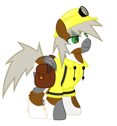 Size: 2800x3000 | Tagged: safe, artist:ponkus, imported from derpibooru, oc, oc only, oc:carty, earth pony, pony, bag, clothes, earth pony oc, full body, green eyes, hard hat, hat, helmet, high res, hoof fluff, jacket, male, pickaxe, saddle bag, show accurate, simple background, smiling, solo, stallion, standing, tail, three quarter view, transparent background