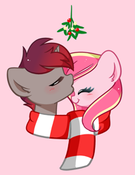 Size: 1447x1880 | Tagged: safe, artist:kittyrosie, imported from derpibooru, oc, oc:rosa flame, pony, unicorn, christmas, clothes, duo, eyes closed, holiday, horn, milestone, oc x oc, scar, scarf, shared clothing, shared scarf, shipping, striped scarf, unicorn oc