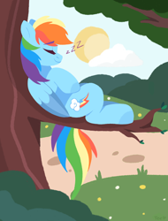 Size: 1692x2224 | Tagged: safe, artist:cinnamontee, imported from derpibooru, rainbow dash, pegasus, pony, backwards cutie mark, eyebrows, eyebrows visible through hair, eyes closed, female, lineless, mare, onomatopoeia, sleeping, smiling, solo, sound effects, tree, tree branch, zzz