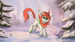 Size: 4687x2635 | Tagged: safe, artist:wevepon3, imported from derpibooru, autumn blaze, kirin, cloven hooves, cute, fluffy, forest, kirinbetes, looking at you, snow, solo, tongue out, tree, water, winter