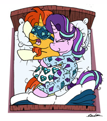 Size: 1024x1162 | Tagged: safe, artist:bobthedalek, imported from derpibooru, starlight glimmer, sunburst, pony, unicorn, bed, clothes, cuddling, cute, duo, eyes closed, female, glim glam's jim jams, glimmerbetes, heart, heart print underwear, kite, lying down, male, mare, on side, open mouth, pajamas, shipping, simple background, sleep mask, sleeping, smiling, spooning, stallion, starburst, straight, sunbetes, that pony sure does love kites, underwear, white background