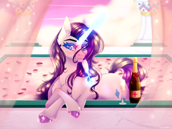 Size: 4236x3180 | Tagged: safe, artist:honeybbear, imported from derpibooru, rarity, pony, unicorn, alcohol, bathtub, bedroom eyes, blushing, champagne, champagne glass, eyelashes, female, hoof fluff, levitation, lidded eyes, looking at you, magic, relaxing, seductive, smiling, solo, sparkles, telekinesis, wingding eyes