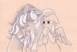 Size: 5034x3433 | Tagged: safe, artist:peruserofpieces, imported from derpibooru, fluttershy, pegasus, bunny ears, clothes, female, floppy ears, hat, mare, partially open wings, pencil drawing, smiling, socks, toned paper, traditional art, wings