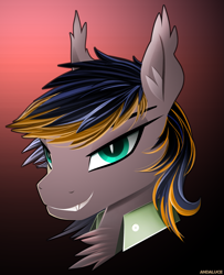 Size: 1847x2273 | Tagged: safe, artist:andaluce, imported from derpibooru, oc, oc:black night, bat pony, bust, chest fluff, clothes, ear fluff, fangs, gradient background, smiling, smirk, solo