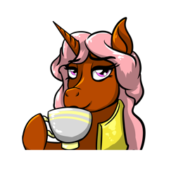 Size: 1500x1500 | Tagged: safe, artist:ghouleh, imported from derpibooru, oc, oc only, oc:bitter delight, unicorn, armor, cup, drinking, drinking tea, eyebrows, female, guardsmare, horn, looking at you, mare, plate, royal guard, simple background, smiling, smirk, solo, transparent background, unicorn oc