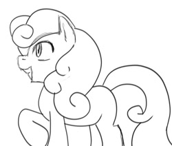 Size: 651x552 | Tagged: safe, artist:anonymous, carrot top, golden harvest, earth pony, pony, /mare/con, monochrome, raised hoof, simple background, smiling