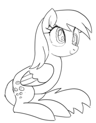 Size: 685x878 | Tagged: safe, artist:anonymous, derpy hooves, pegasus, pony, /mare/con, monochrome, simple background, sitting, smiling