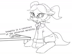 Size: 1611x1233 | Tagged: safe, artist:anonymous, earth pony, pony, /mare/con, clothes, glasses, monochrome, open mouth, simple background, sitting, smiling, snowpity, table, talking