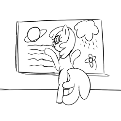 Size: 869x868 | Tagged: safe, artist:anonymous, cheerilee, earth pony, pony, /mare/con, chalk, chalkboard, cloud, flower, monochrome, mouth hold, planet, rain