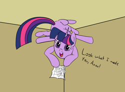 Size: 2572x1896 | Tagged: safe, artist:ratchetfire, twilight sparkle, pony, spider, unicorn, /mare/con, heart, implied anon, looking at you, open mouth, smiling, spider web, talking to viewer