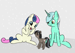 Size: 1540x1101 | Tagged: safe, artist:ratchetfire, bon bon, lyra heartstrings, sweetie drops, oc, oc:cold shoulder, earth pony, unicorn, angry, blushing, open mouth, sitting, smiling, snow, snowpony (species), yakutian horse