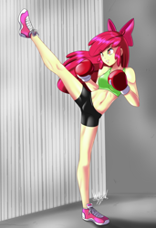 Size: 3077x4500 | Tagged: safe, artist:danmakuman, imported from twibooru, apple bloom, human, boxing gloves, clothes, humanized, image, png, shorts, solo