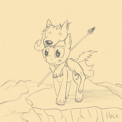 Size: 1000x1000 | Tagged: safe, artist:hotkinkajou, mayor mare, earth pony, pony, wolf, cliff, digital art, fanfic art, female, mare, monochrome, pelt