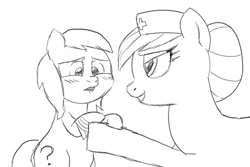 Size: 1077x721 | Tagged: safe, artist:buttercupsaiyan, nurse redheart, oc, oc:filly anon, earth pony, pony, /mare/con, blushing, female, filly, hat, injured, monochrome, simple background, smiling, sweat